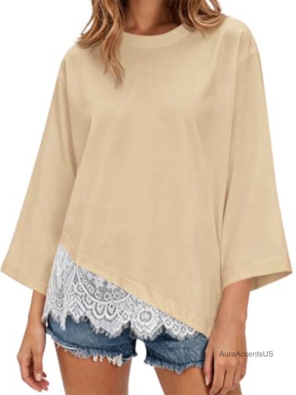 Women's Oversized 3/4 Sleeve Lace Trim Crew Neck T-Shirt